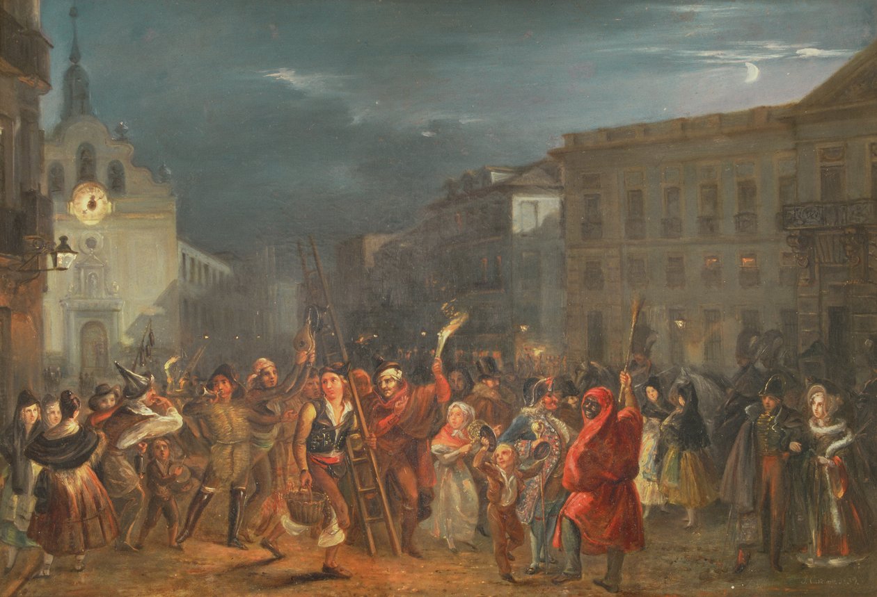 Madrid, Puerta del Sol'da Üç Kralın Gecesi by José Castelaro y Perea
