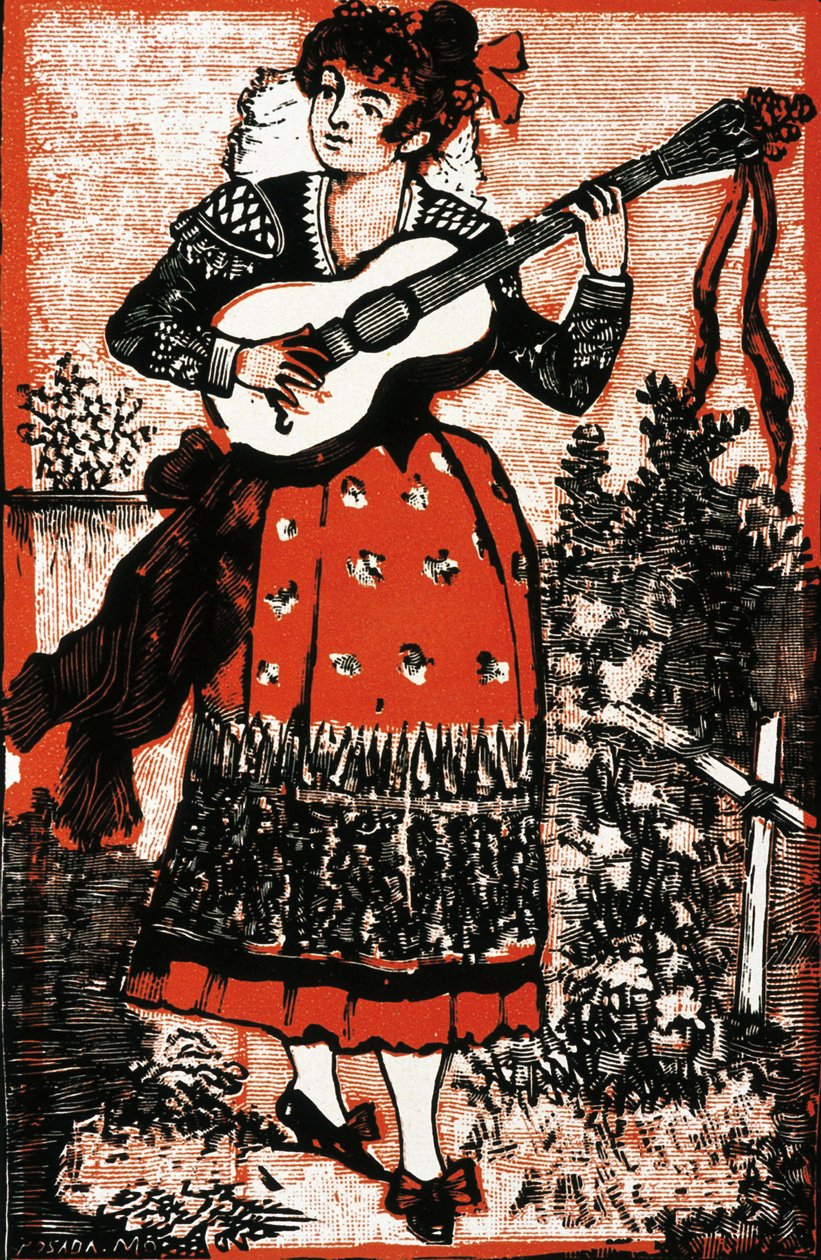 Meksikalı bir kadını gitarla temsil eden bir şarkı kitabının kapağı. Jose Guadalupe POSADA (1852-1913) tarafından yapılan gravür. Oymak by José Guadalupe Posada