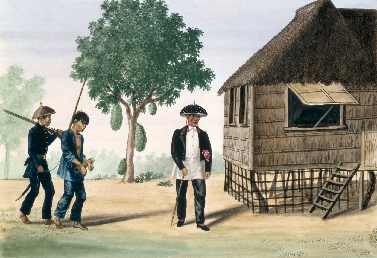 Bir Polis ve Meclis Üyesi tarafından götürülen bir Mahkum, "The Flebus Album of Views In and Around Manila", c.1845 by Jose Honorato Lozano