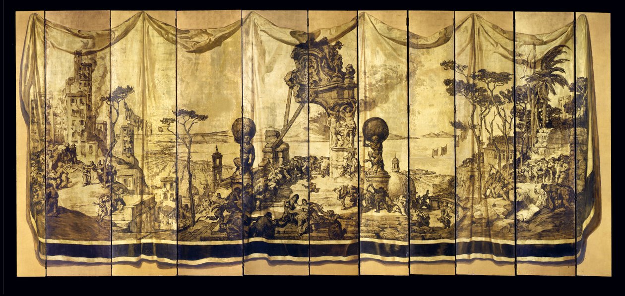 Vision Mediterranea, on bir yapraklı ekran, c.1925 (yaldızlı ahşap panelde yağ) by Jose Maria Sert y Badia