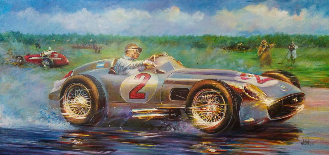 Juan Manuel Fangio, Grand Prix City of Buenos Aires 1955, Arjantin, Mercedes Benz 196 W. (tuval üzerine akrilik) by Jose Maria Villafuerte
