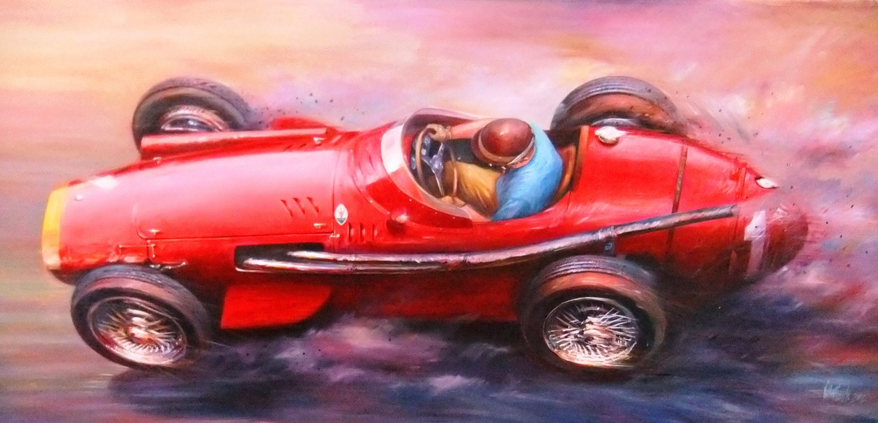Juan Manuel Fangio, Mille Miglia 1953, Alfa Romeo 6C3.000cc (kırmızı top) (tuval üzerine akrilik) by Jose Maria Villafuerte