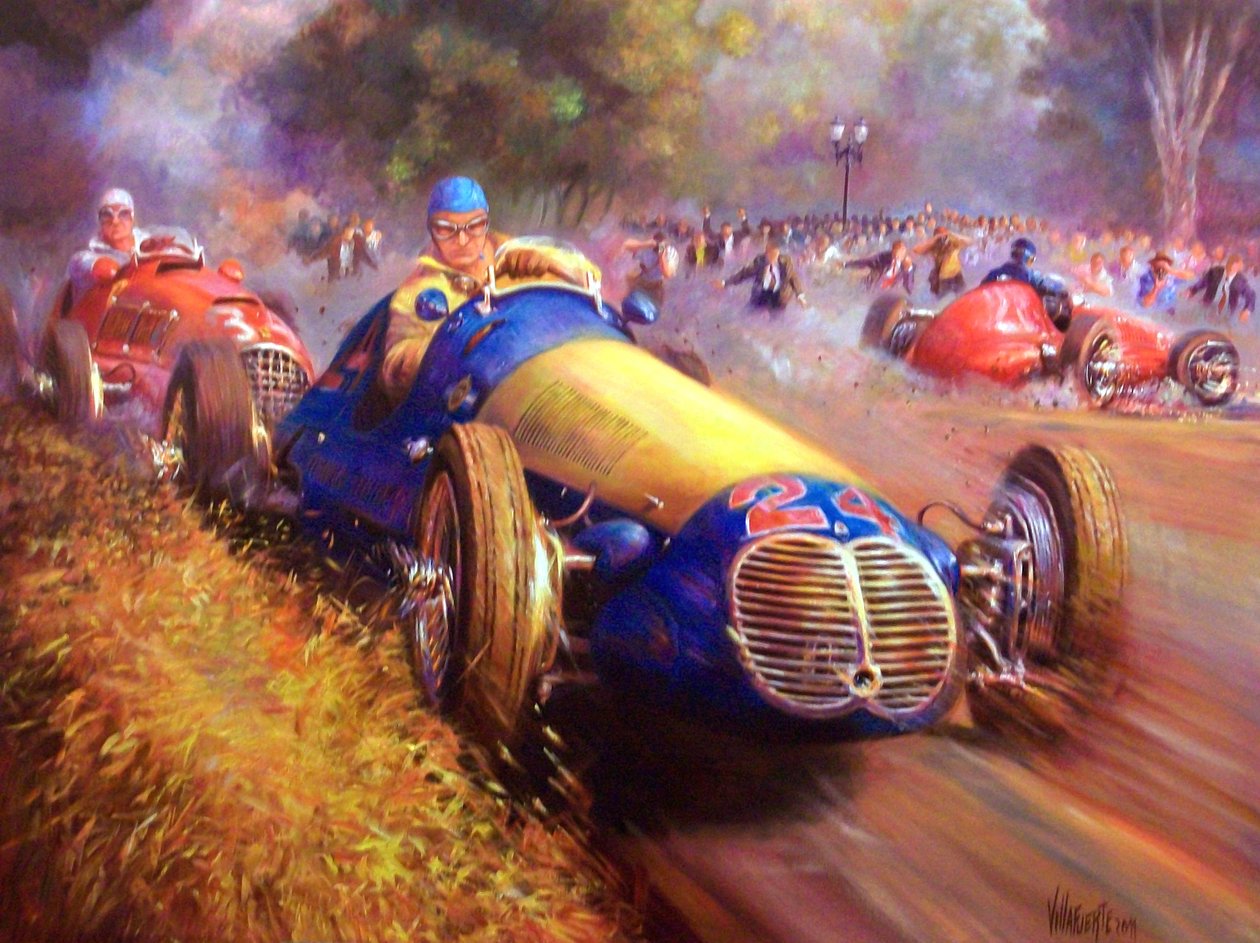 Juan Manuel Fangio Maserati 4Cl'yi sürüyor Palermo Buenos aires ormanı by Jose Maria Villafuerte