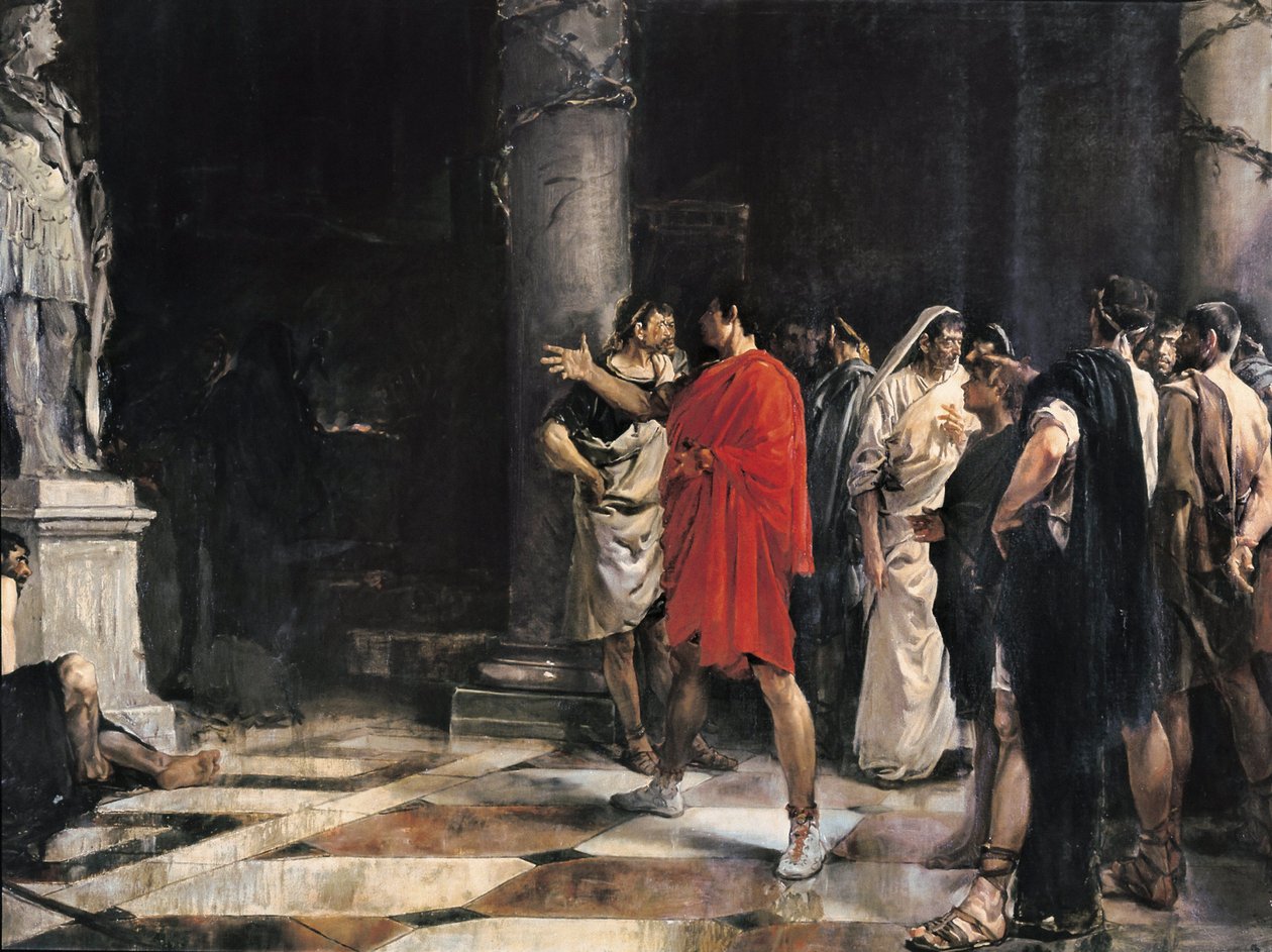 Jules Cesar (Caius Iulius Caesar) (101-44 BC) Cadiz Herkül tapınağında (Gadir) Büyük İskender heykelinin önünde duruyor (Tuval üzerine yağlıboya) by Jose Morillo Ferrada