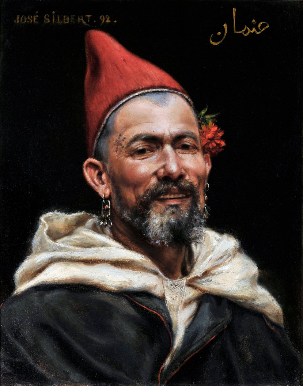 Fas Başkanı Delikli kulaklı ve kırmızı şapkalı, kulağında çiçek ve tapınakta dövme olan bir adamın portresi 1892 (resim) by Jose Silbert