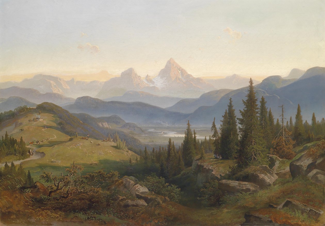 Landschaft mit Gebirgskette, im Hintergrund der Watzmann by Josef Mayburger