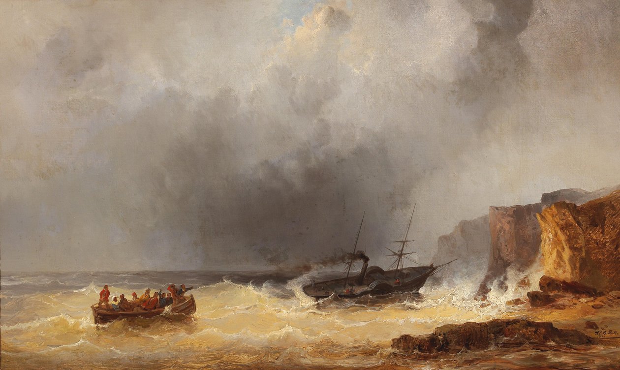 Kayalık Bir Sahilde Denizde Tehlikede Vapur by Josef Karl Berthold Puttner