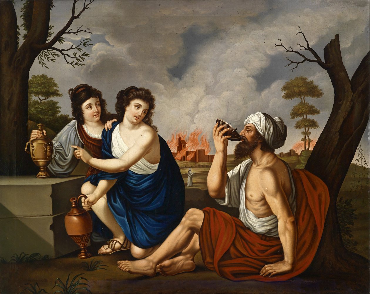 Kızları ile Lot, arka planda yanan Gomorra by Josef Worlicek