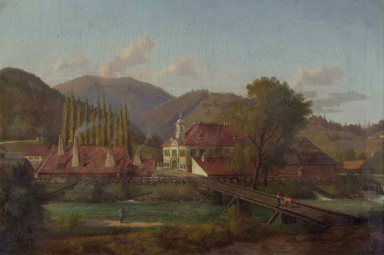 Bir nehir üzerinde fabrika sitesi by Josef von Schlogl