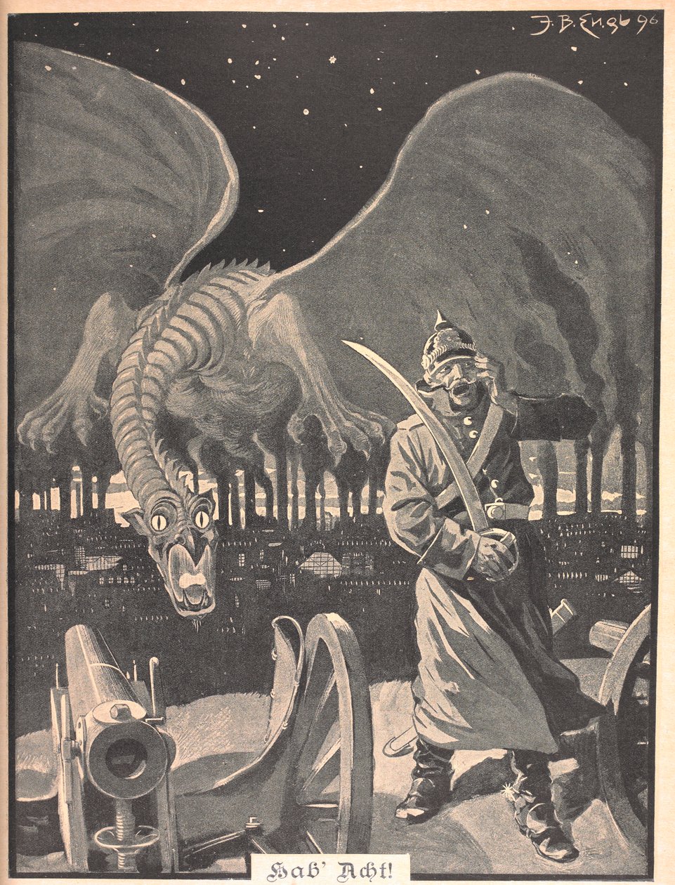 "Gece Gibi" şiiri için çizim. Bir Alman askerinin arkasında fabrikalardan çıkan dumanın ürettiği bir ejderha. Gerçeküstü bir sahne. by Josef Benedikt engl