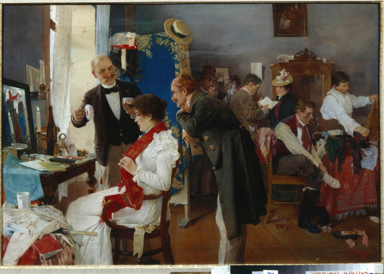 ""Dans la loge" (Giyinme Odasında) Sanatçılar gösteri öncesi hazırlanıyor Josef Douba (1866-1928) 19. yüzyıl sonu Tuval üzerine yağlı boya - Özel Koleksiyon by Josef Douba