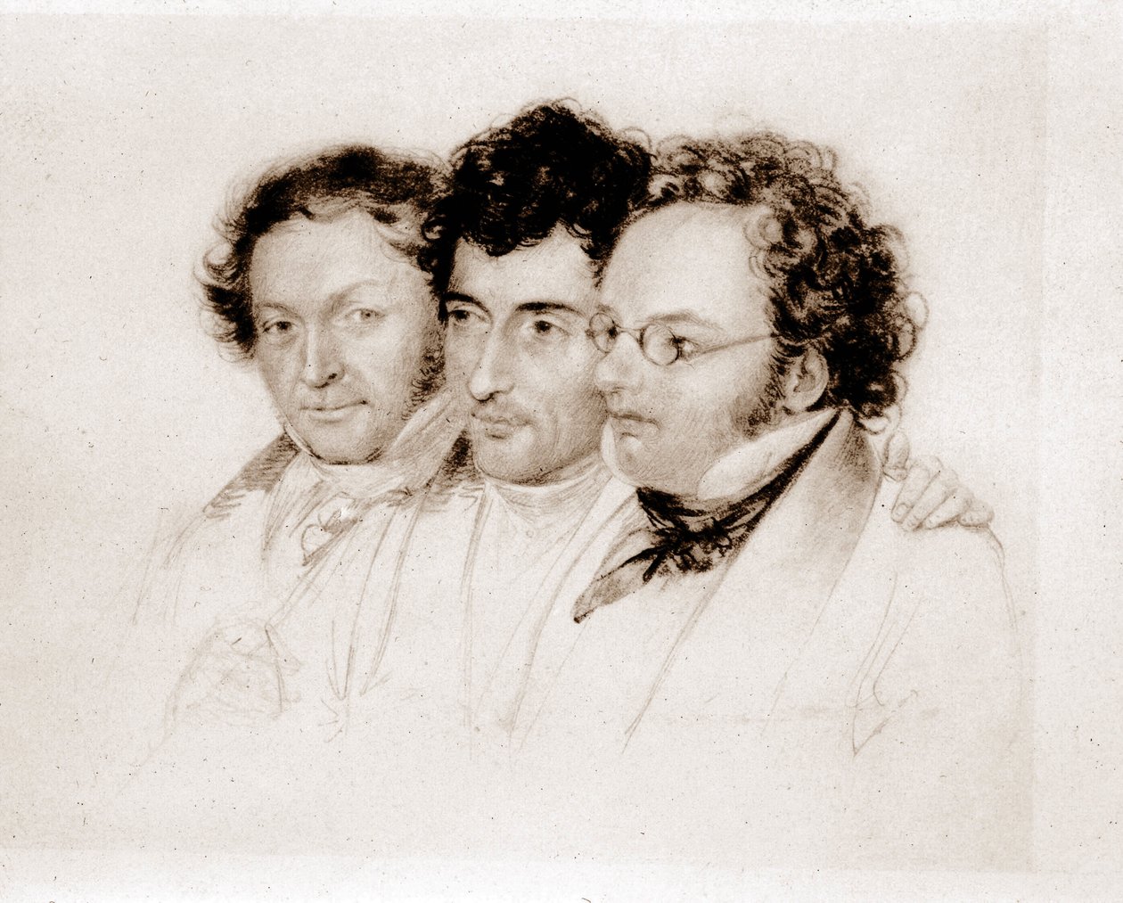 Soldan sağa: Jenger, Httenbrenner ve F. Schubert. Acquarelle, Feltscher. by Josef Eduard Teltscher