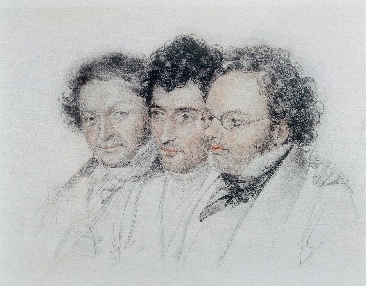 Soldan sağa, bestecilerin arkadaşları Johann Baptist Jenger (1793-1856), Anselm Huttenbrenner (1794-1868) ve Franz Schubert (1797-1828), Josef Teltscher tarafından pastel by Josef Eduard Teltscher