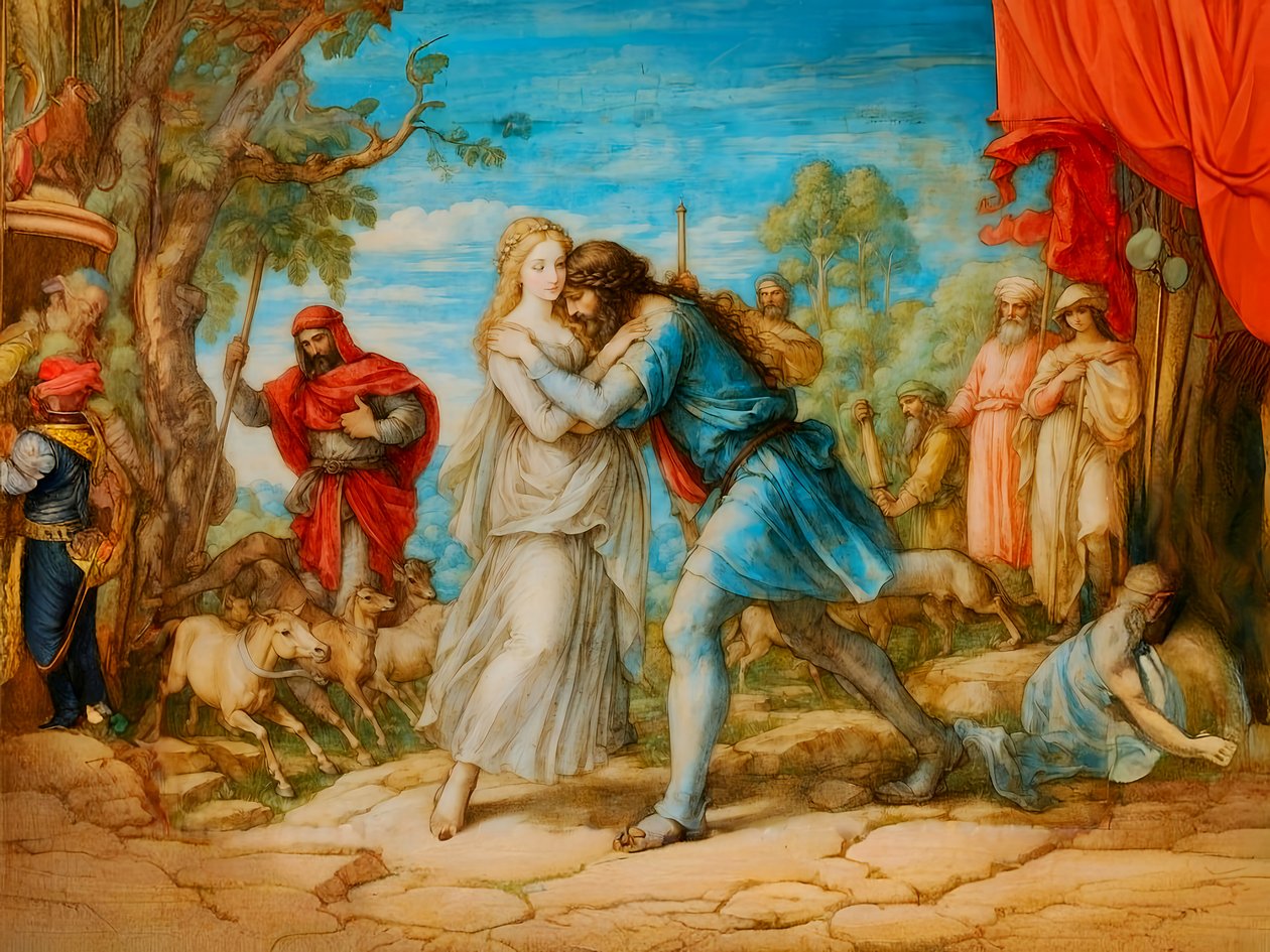 A1_Genesis_33-Yakup Rachel#39;la Tanışıyor by Josef Johann Michel