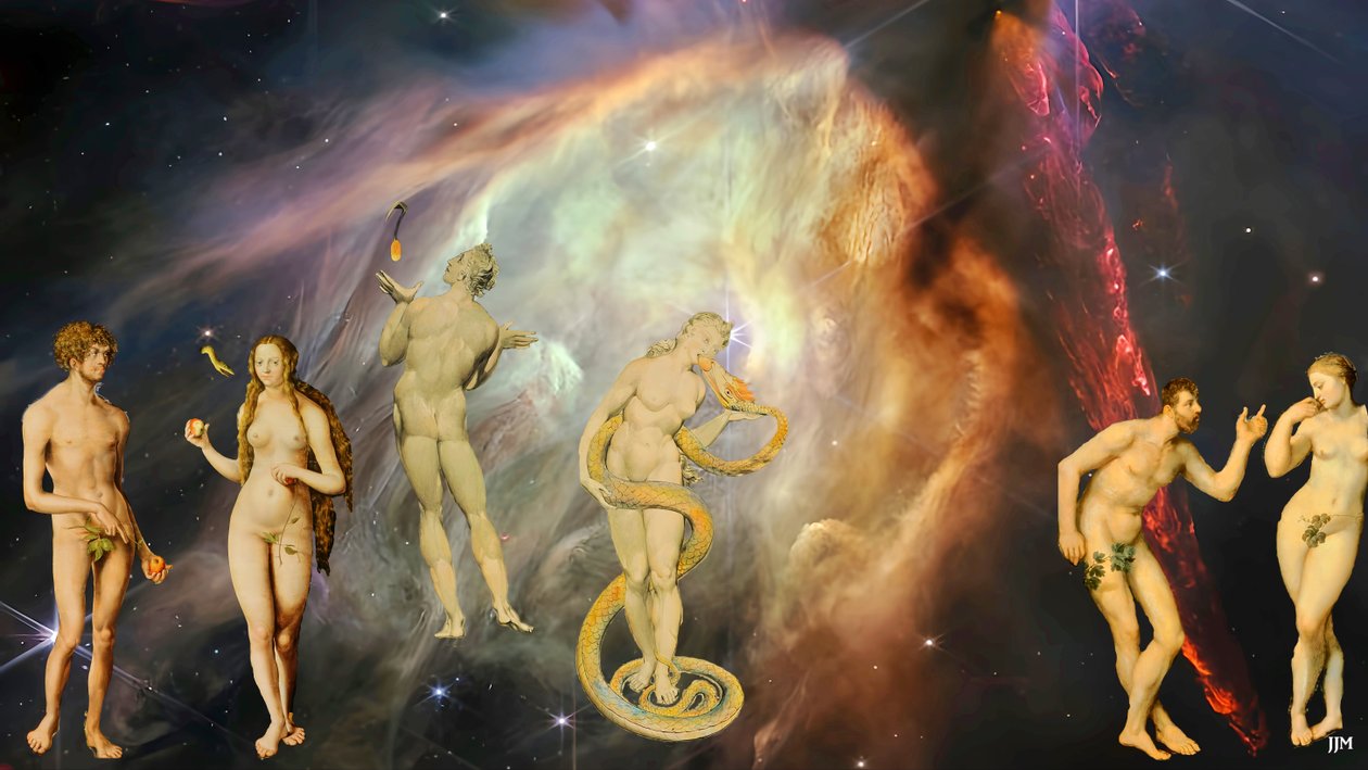 JJM-yeniden yarat: Blake-Cranach-Rubens_The Temptation+JWST by Josef Johann Michel