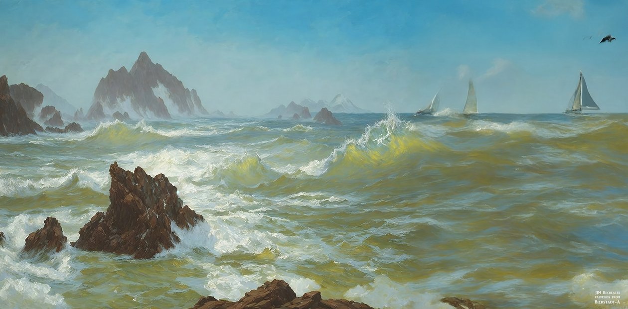 JJM, Bierstadt-A'yı yeniden yaratıyor: Seal Rock California (yelkenli gemilerle) by Josef Johann Michel