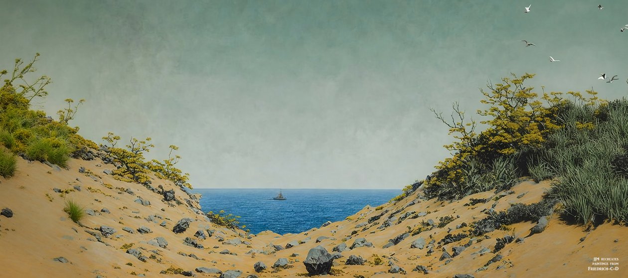 JJM, Friedrich-CD'yi yeniden yaratıyor: Bir banka boşluğundan görünüm (Panorama) by Josef Johann Michel