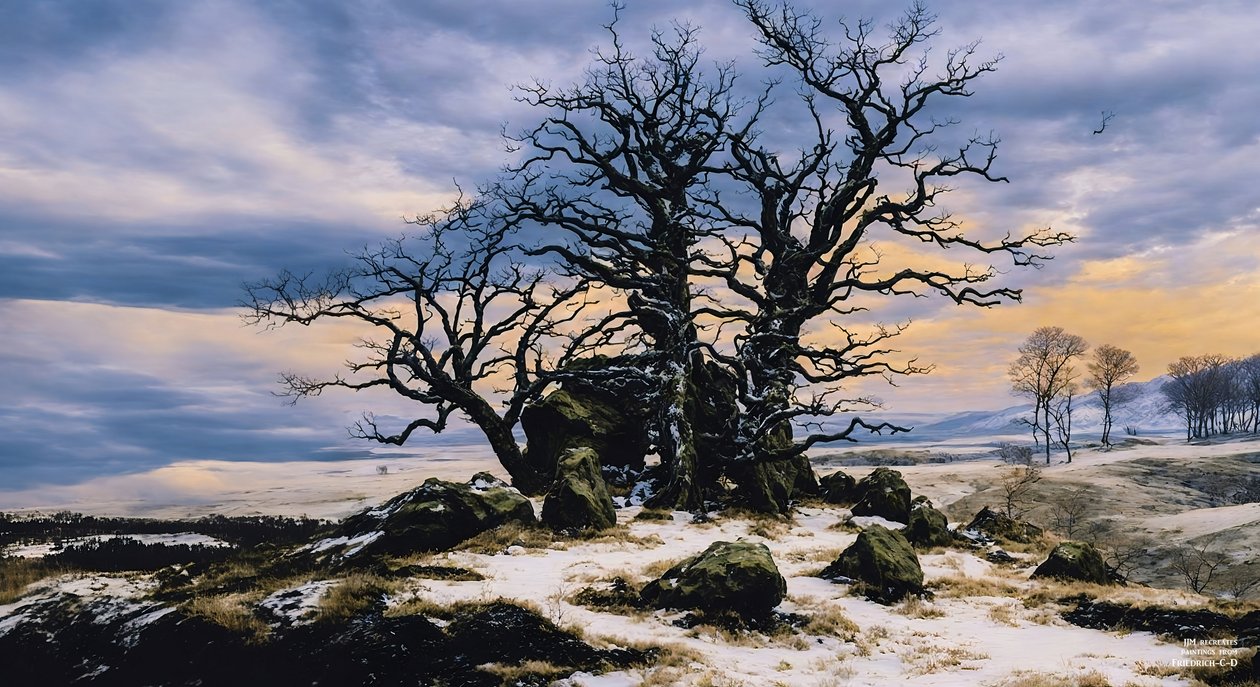 JJM, Friedrich-CD'yi yeniden yaratıyor: Megalith Grab im Winter (Panorama) by Josef Johann Michel