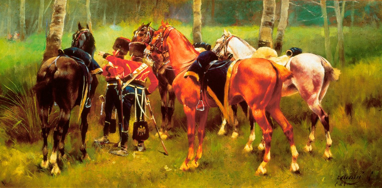""Ormandaki hafif süvari eri ve atlar grubu"" Josep Cusachs i Cusachs (1851-1908) tarafından yapılan resim. 1905. by Josep Cusachs y Cusachs