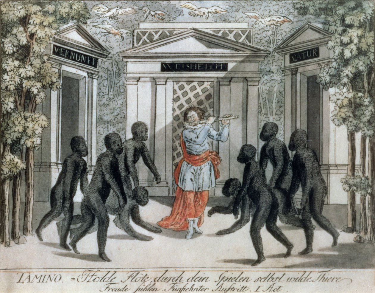 Tamino plays the magic flute to ward off the wild beasts, Act I scene xv, from `The Magic Flute