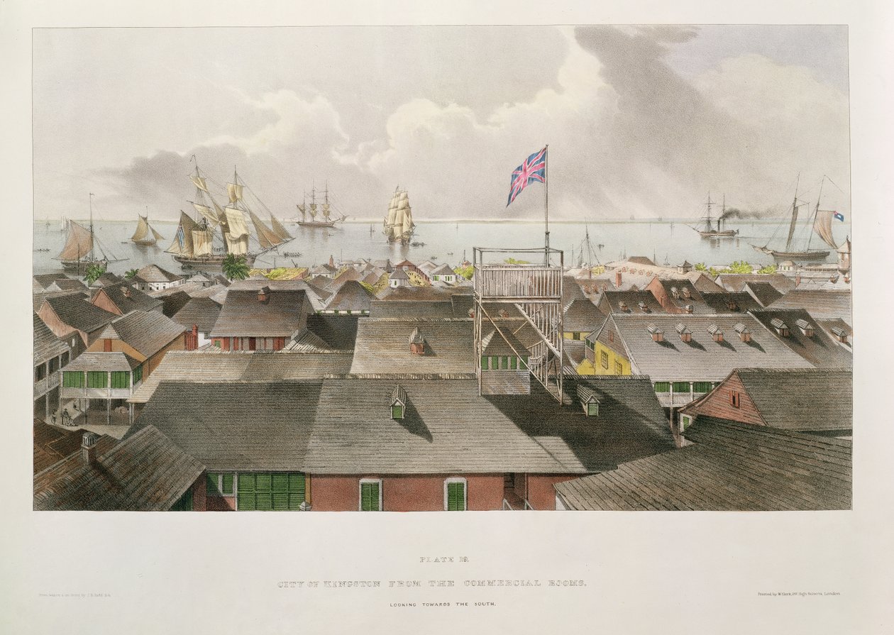 Ticari Odalardan Kingston Şehri, Güneye Bakış, 'Batı Hint Manzarası: Jamaika İllüstrasyonları'ndan levha 19, sanatçı tarafından oyulmuş, pub. 1838-40 by Joseph Bartholomew Kidd