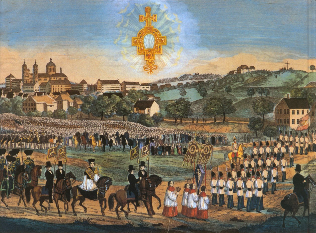 Altdorf-Weingarten, 1849 veya sonraki yıllarda Kutsal Kan Alayı; renkli litografi, cennette Kutsal Kan kalıntısı olan varyant by Joseph Bayer