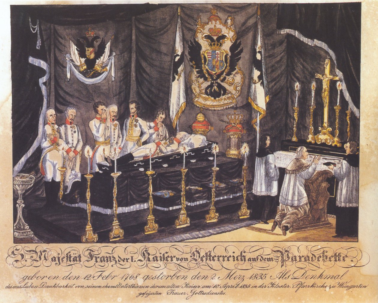 S. Majesteleri Franz I, Avusturya İmparatoru geçit töreni yatağında, renkli litografi, 1835 by Joseph Bayer