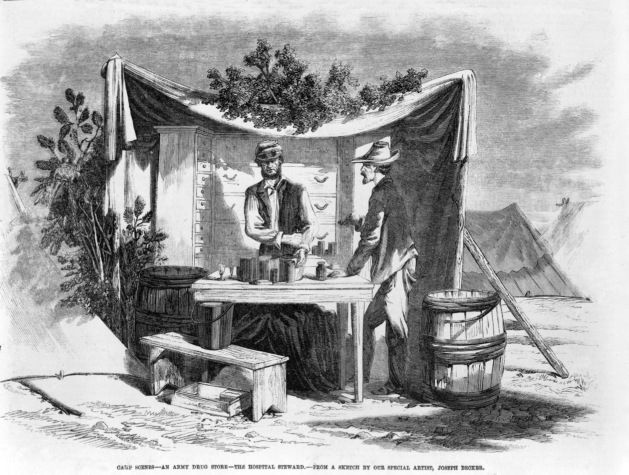 Kamp sahneleri - bir Ordu Eczanesi - hastane görevlisi, bar. 1864 by Joseph Becker