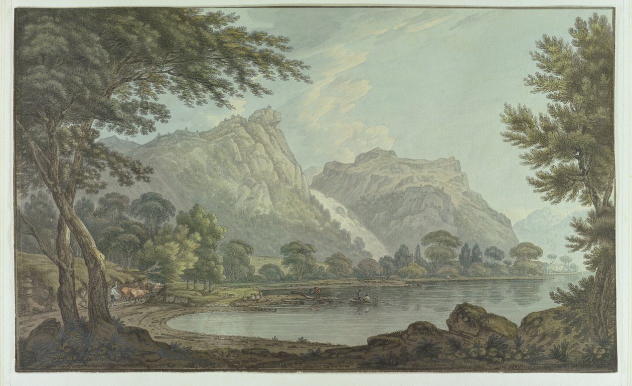 Lodore Rocks - fall und cottage distance (pen und ink with wc over graphite on wove paper) by Joseph Farington