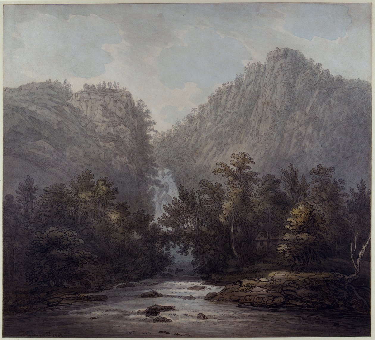 Lodore Şelalesi, Westmoreland, 1785 (kağıt üzerinde kalem ve mürekkep ve wc) by Joseph Farington