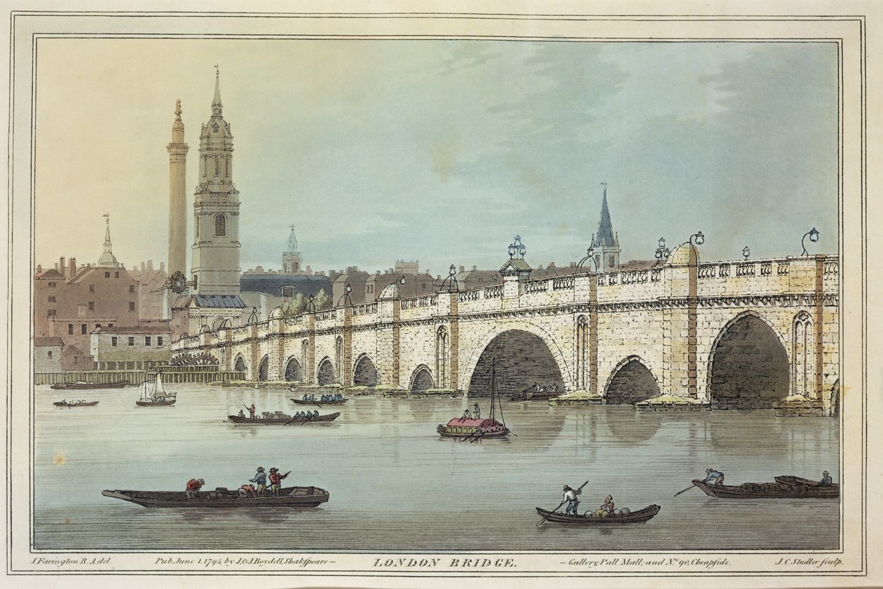 JC Stadler (fl.1780-1812) tarafından oyulmuş Eski Londra Köprüsü'nün görünümü, 1795 (renkli aquatint) by Joseph Farington