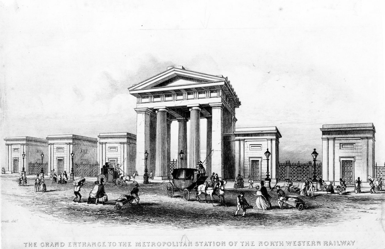 Alfred Ashley tarafından kazınmış Kuzey Batı Demiryolu Metropoliten İstasyonunun Büyük Girişi, c.1837 by Joseph Francis Burrel