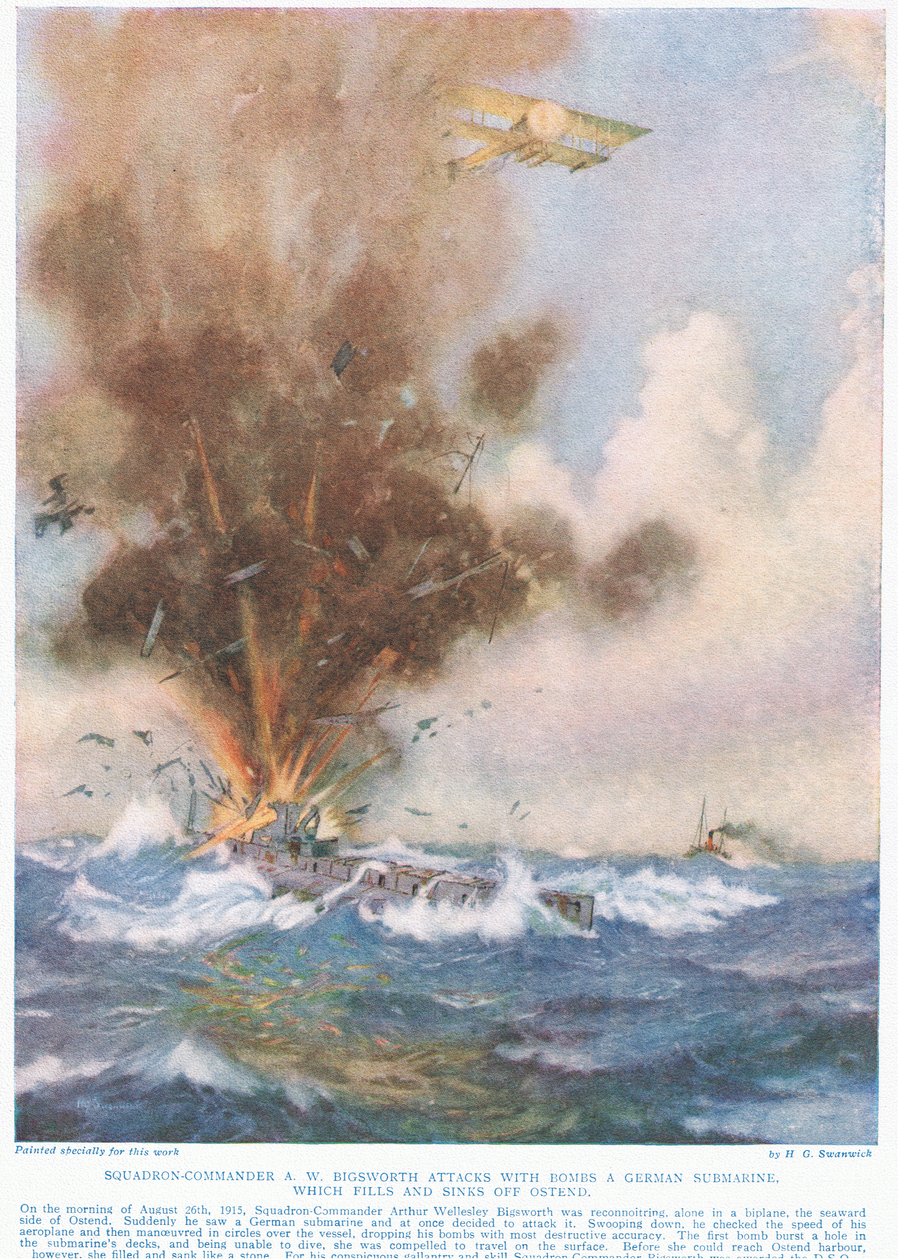 Filo Komutanı A.W. Bigsworth, suyla dolan ve Oostende açıklarında batan bir Alman denizaltısına bombalarla saldırıyor, Hutchinson und Co., c. by Joseph Harold Swanwick