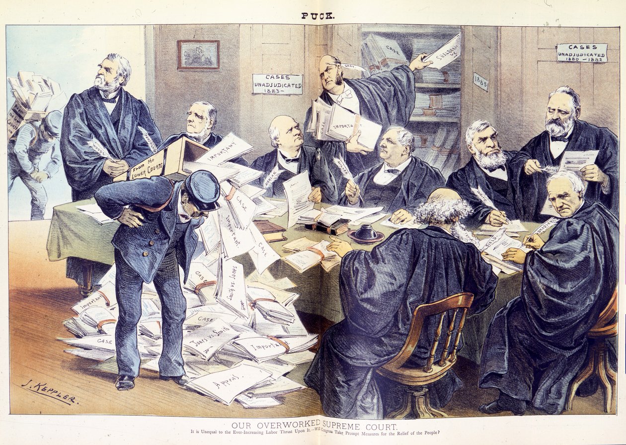 Aşırı çalışan Yüksek Mahkememiz: Üzerine giderek artan emek yüküne eşit değil - Kongre, halkın rahatlaması için hızlı önlemler alacak mı, 1885 by Joseph Keppler