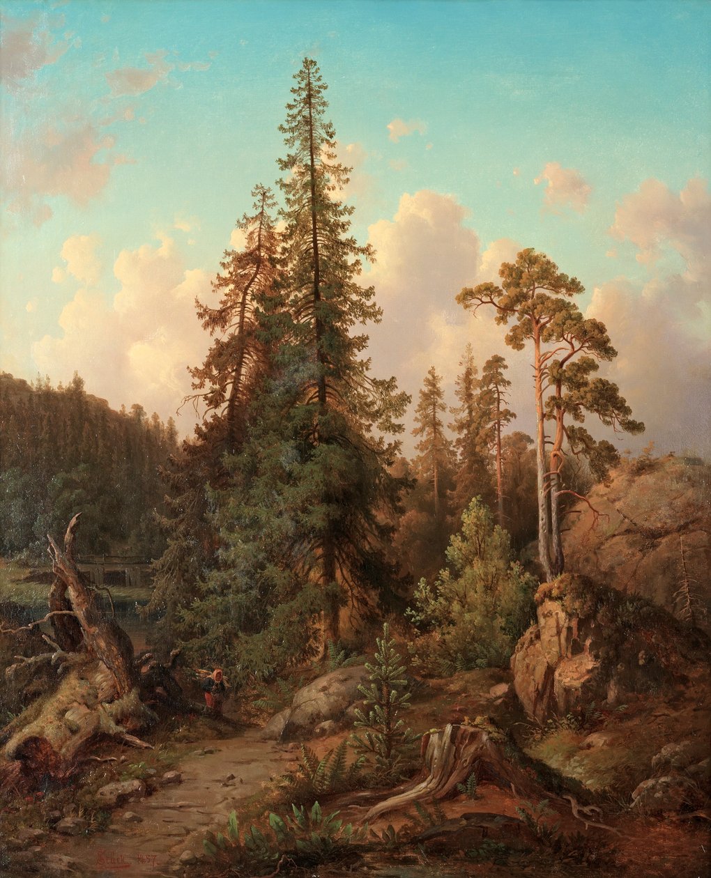 Odun toplayan kadınla orman manzarası by Joseph Magnus Stäck