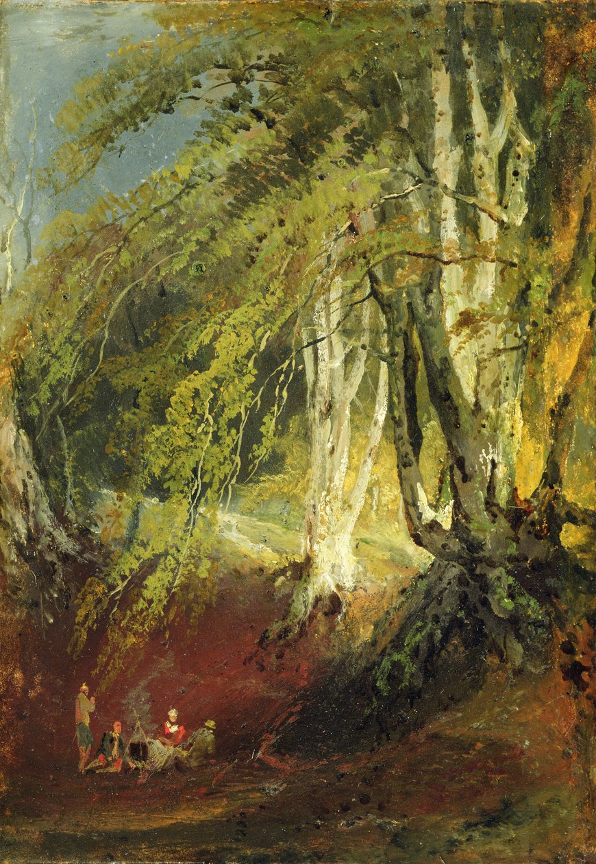 Bir Kamp Ateşi Çevresinde Oturan Çingenelerle Kayın Ağacı, c.1799-1801 (panel üzerine serilmiş kağıt üzerine yağlı boya) by Joseph Mallord William Turner