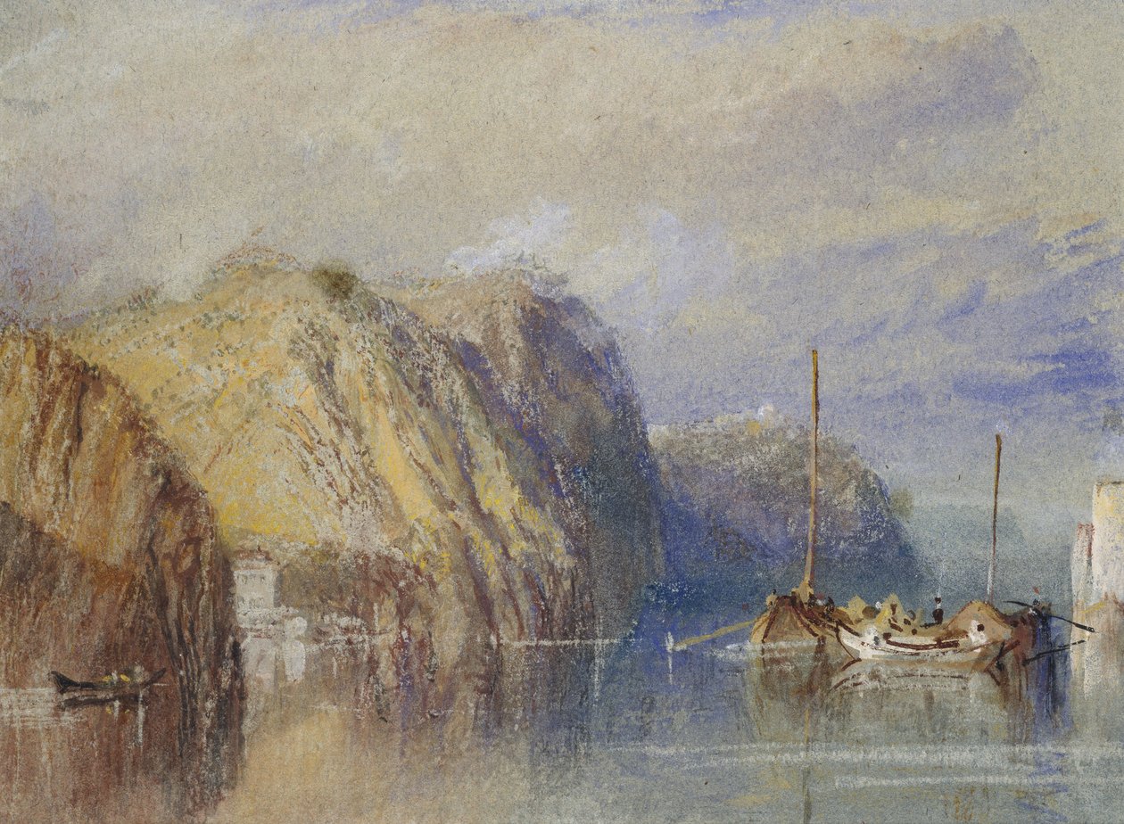 Clairmont ve Mauves arasında, 1826 - 1830 (mavi kağıt üzerine gövde rengi ve kalem ve kahverengi mürekkeple suluboya) by Joseph Mallord William Turner