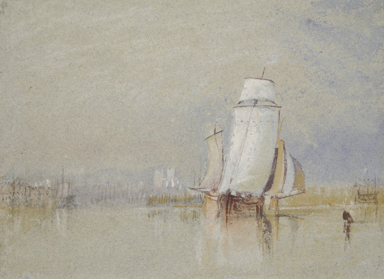 Calm on the Loire, 1832 (mavi kağıt üzerine gövde rengi ve kalem ve kahverengi mürekkeple suluboya) by Joseph Mallord William Turner