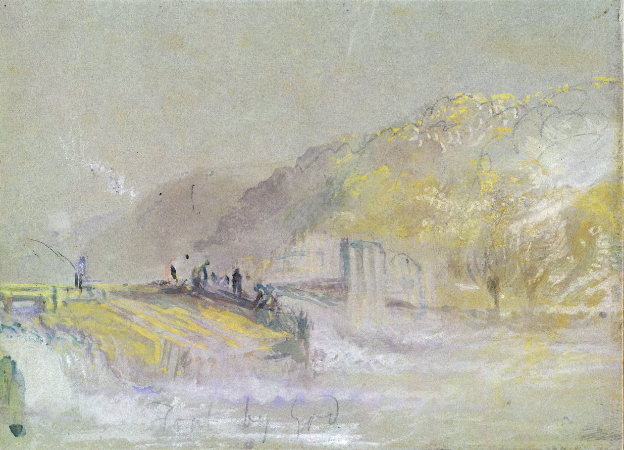 Tanrı tarafından Faul: Anglers ile Nehir Manzarası Bir Setten Balık Tutma, c.1830 (kağıt üzerinde kalem ve tebeşir ile wc ve gövde rengi) by Joseph Mallord William Turner