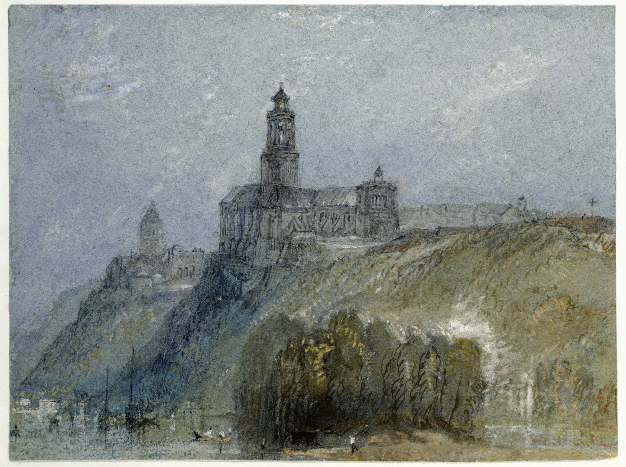 Saint-Florent-le-Vieil, c. 1826-30 (mavi kağıt üzerine kalem ve siyah ve kahverengi mürekkeple suluboya ve gövde rengi) by Joseph Mallord William Turner