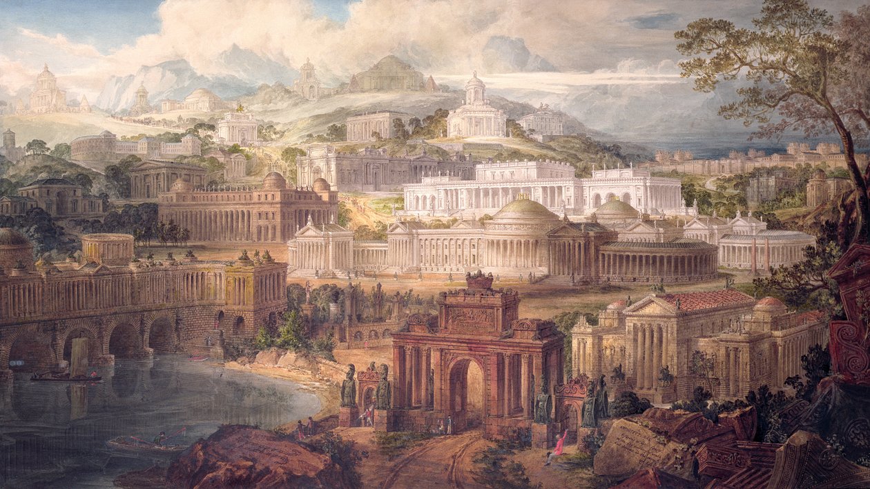 Gençliğin Eşcinsel Sabahında Erken Fantezi Mimari Vizyonları ve Yaşam Akşamında Düşler, 1820 (kağıt üzerinde kalem ve mürekkep ve tuvalet) by Joseph Michael Gandy