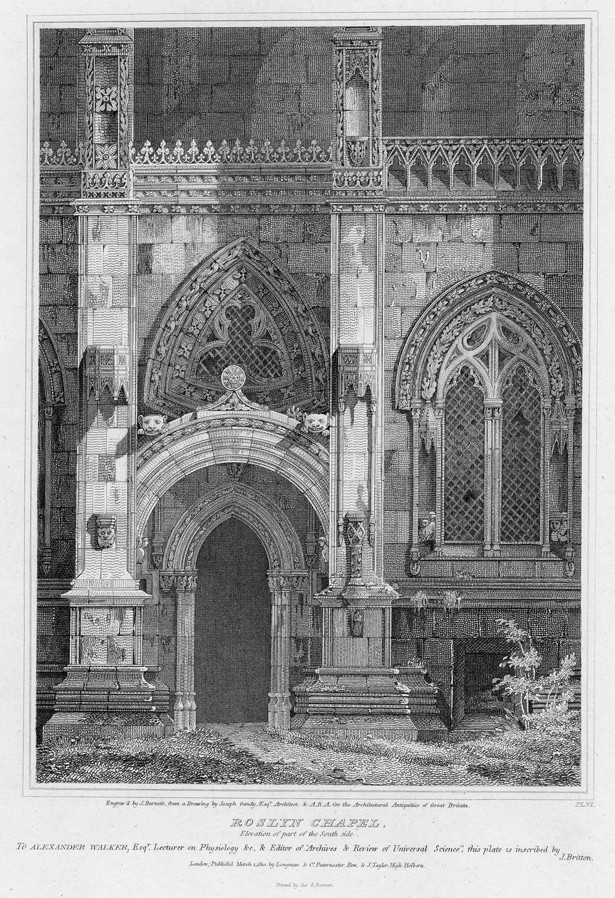 Rosslyn Şapeli, güney tarafının bir kısmının yüksekliği, J. Burnett tarafından oyulmuş, 1810 by Joseph Michael Gandy