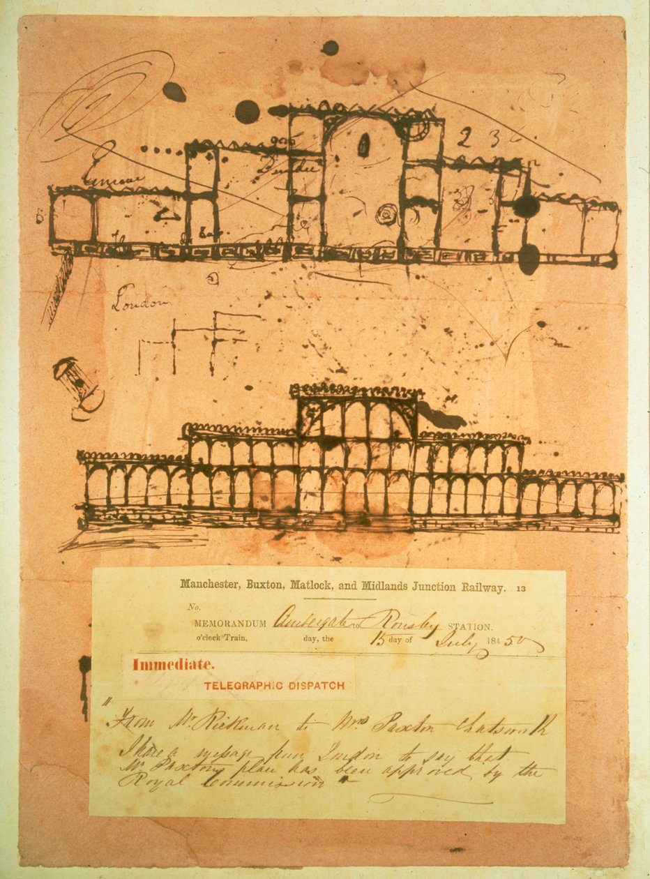 1851, 1850 Büyük Sergisi için inşa edilen Kristal Saray için eskiz (kurutma kağıdı üzerine mürekkep) by Joseph Paxton