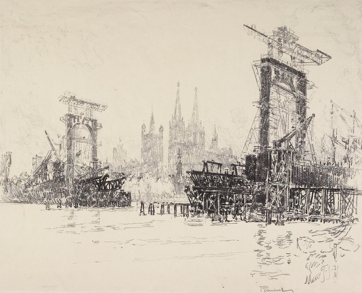 Köln'deki Köprünün İnşası, 1914 by Joseph Pennell