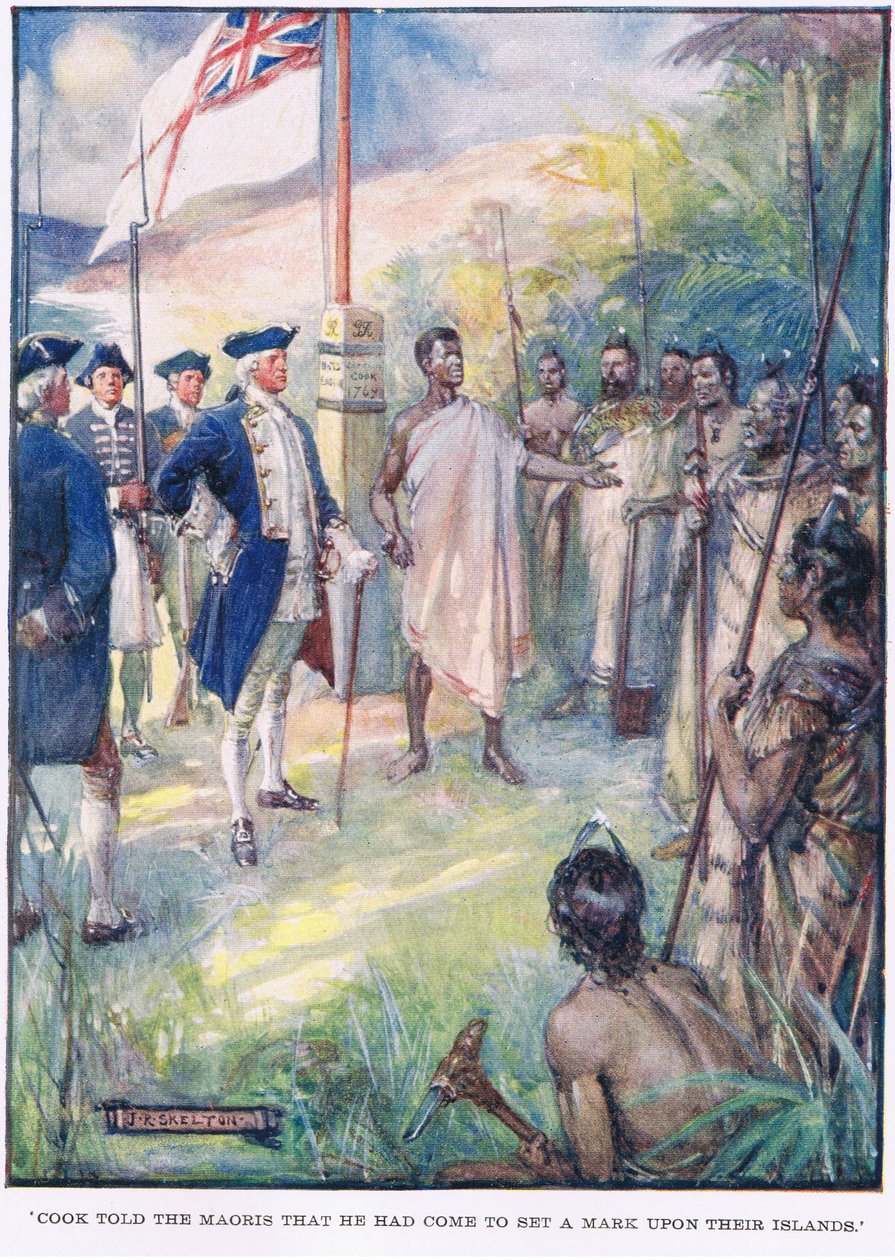Cook, Maorilere adalarına bir işaret koymaya geldiğini söyledi. by Joseph Ratcliffe Skelton