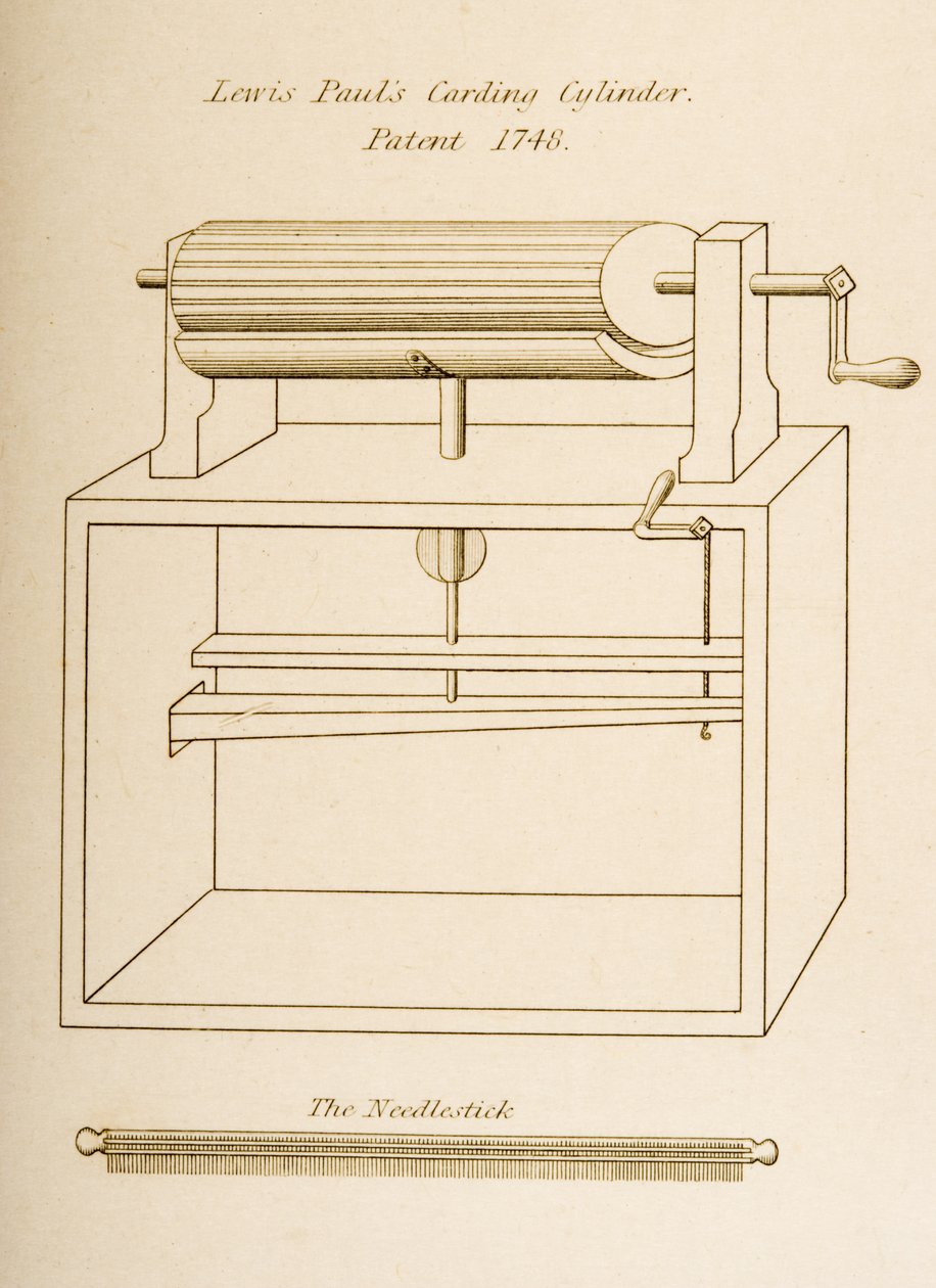 Lewis Paul'un Taraklama Silindirinin çizimi, patenti 1748, c.1830 (litografi) by Joseph Wilson Lowry