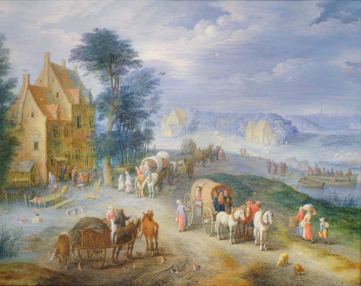 Köylüler, arabalar ve bir vapur ile manzara (bakır üzerine yağ) by Joseph van Bredael