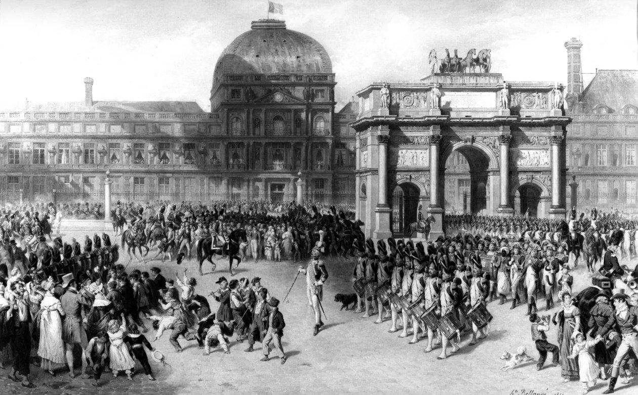 Tuileries önünde 1810 yılında Birinci Fransız İmparatorluğu sırasında bir Askeri İnceleme Tasviri. 1862 (tuval üzerine yağlı boya) by Joseph Louis Hippolyte Bellange