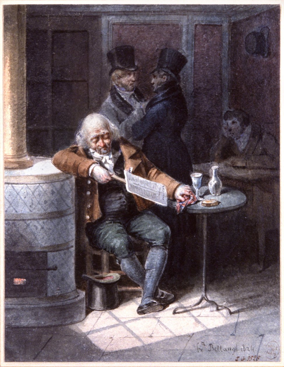 Yaşlı adam bir kafede gazete okuyor, Paris by Joseph Louis Hippolyte Bellange