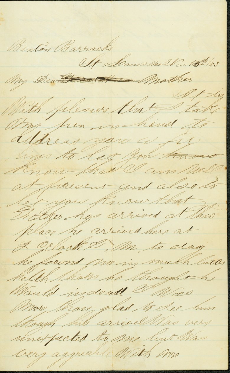 Joseph A. Fardell, Benton Kışlası, St. Louis, Mo., Anneye imzalı mektup, 12 Kasım 1863 by Joseph A. Fardell